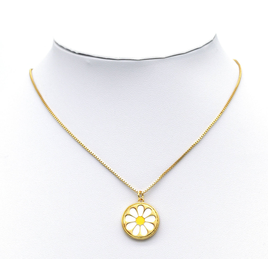 White Enamel Daisy Flower Coin Pendant - Round Charm 12mm