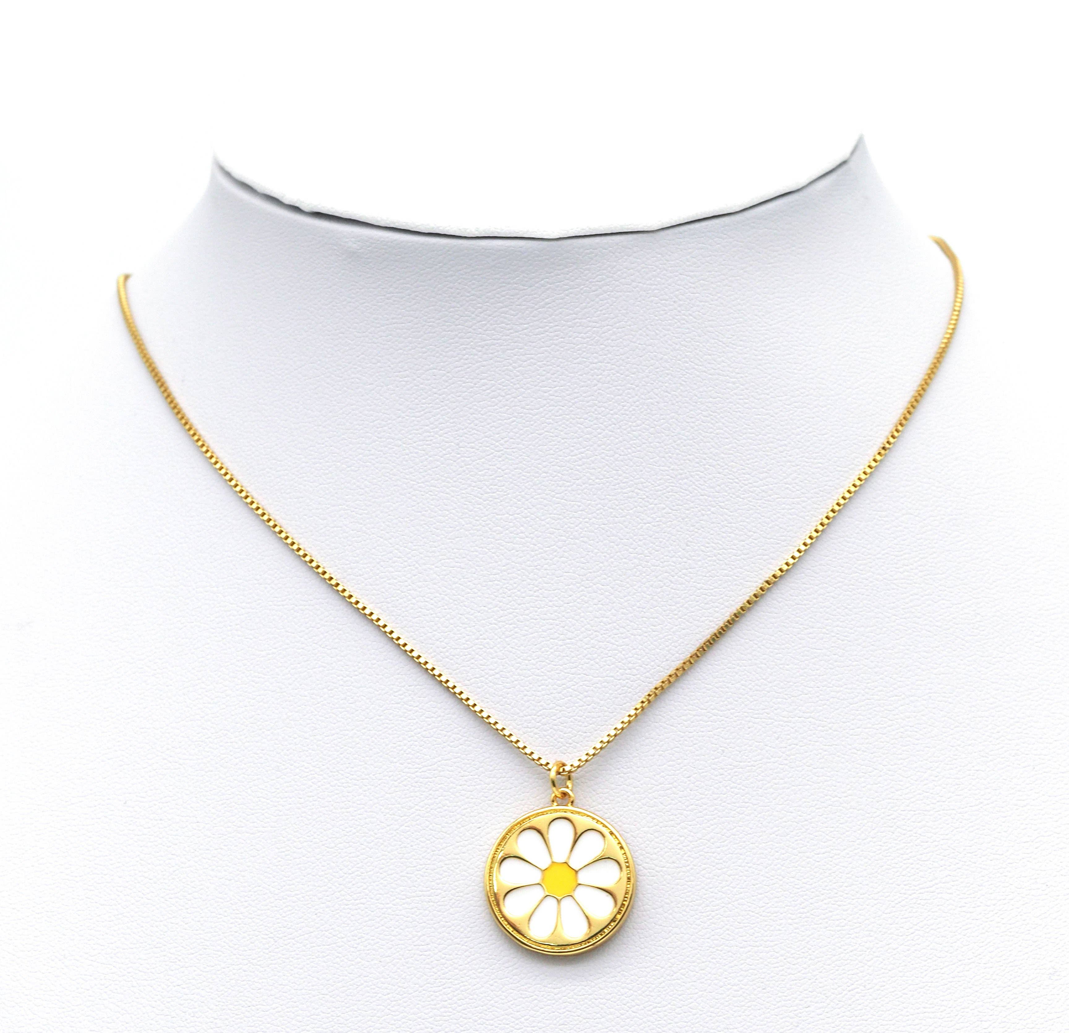White Enamel Daisy Flower Coin Pendant - Round Charm 12mm