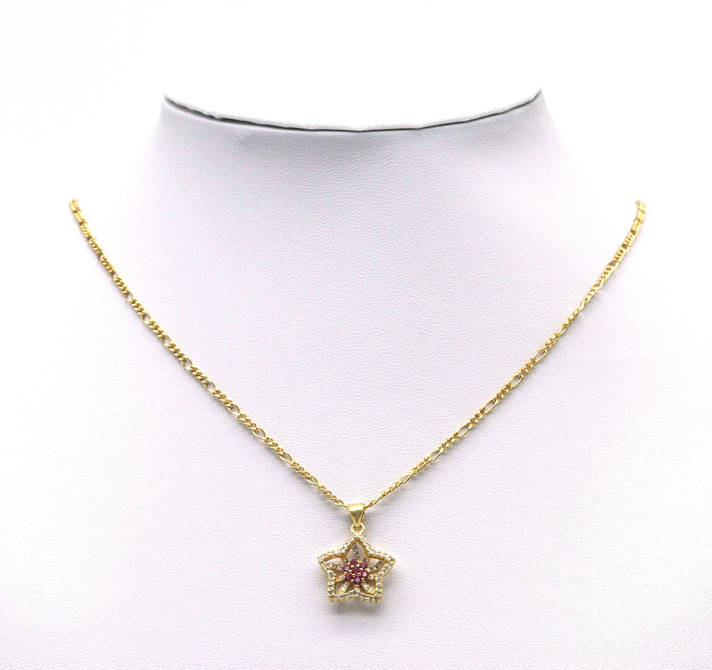 Gold Colorful CZ Flower On Five Point Star Charm, Sku#LD314