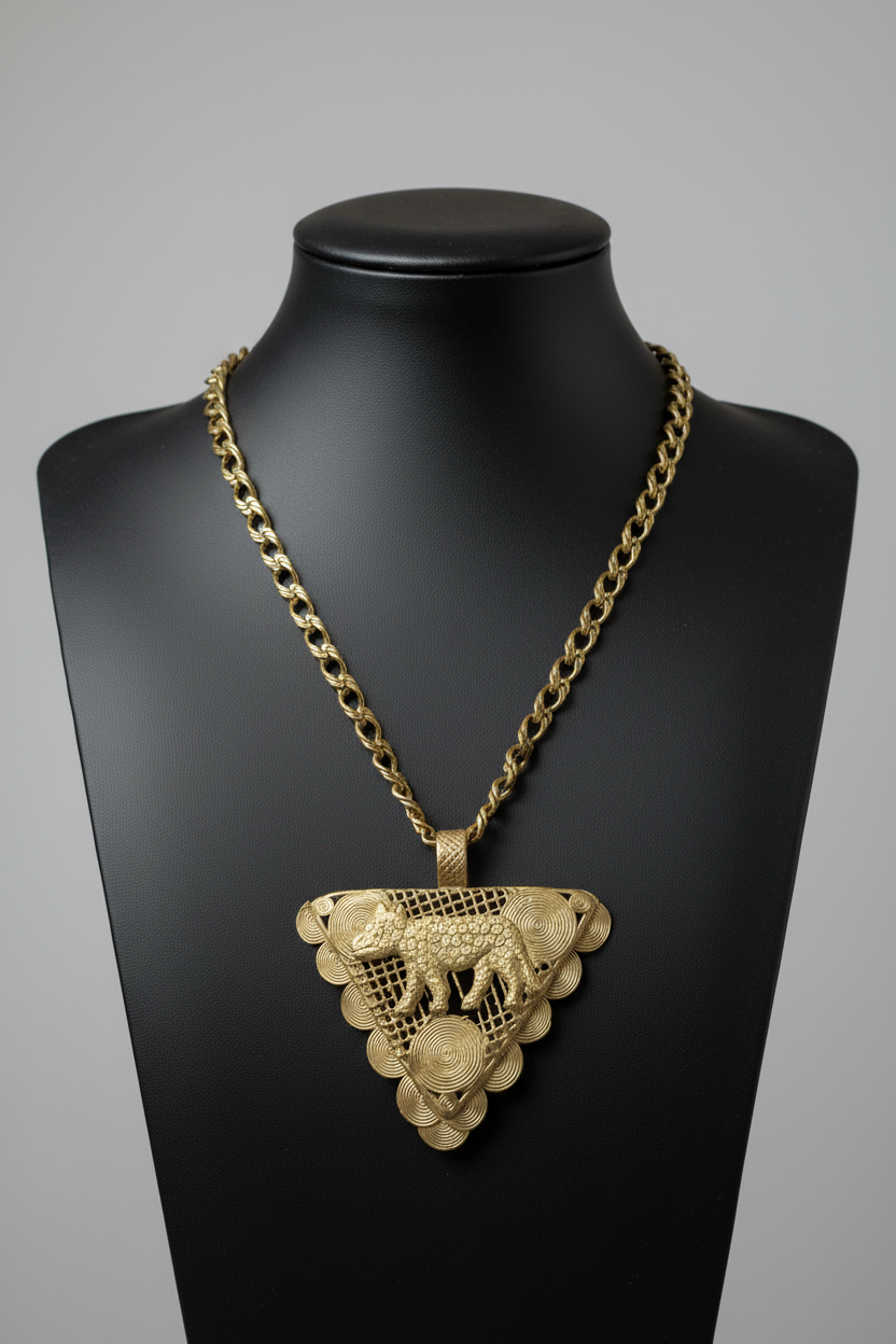 Triangular brass leopard pendant hanging from a beaded necklace on a black display bust