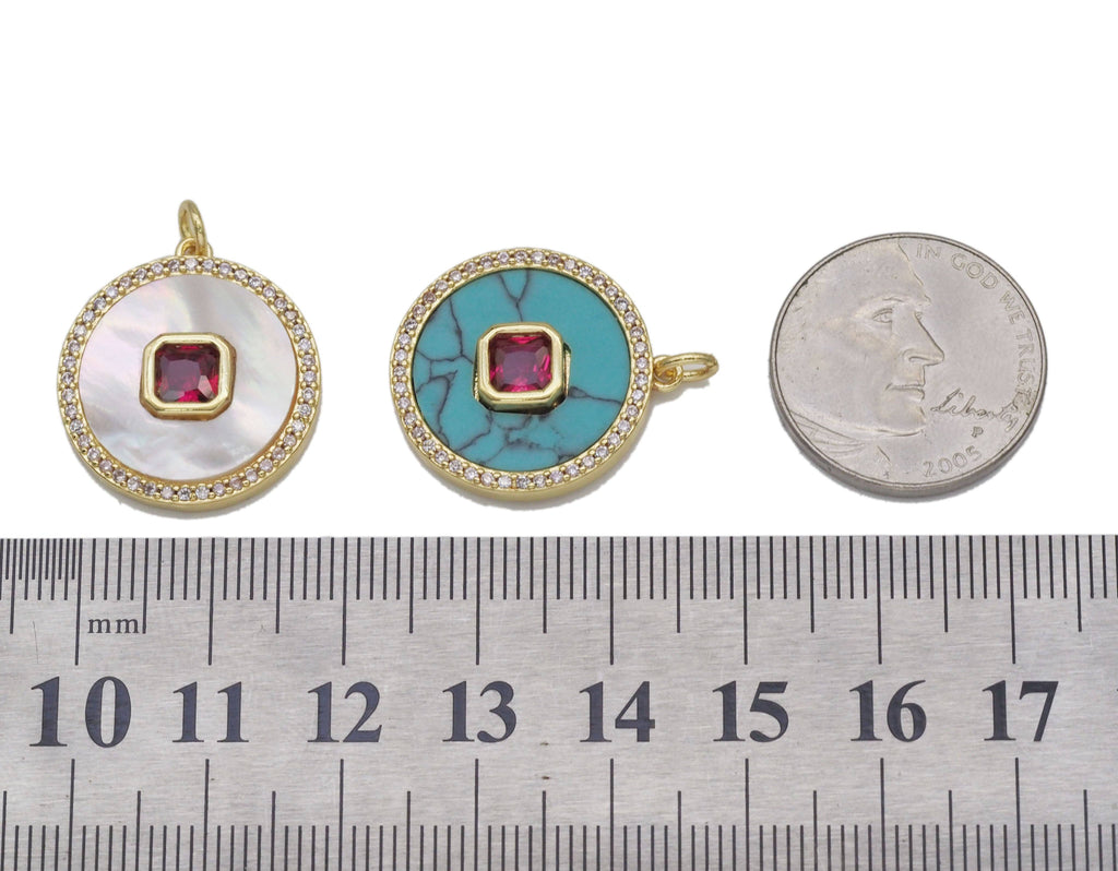 Gold CZ on MOP/Turquoise Round Charm, Sku#L692