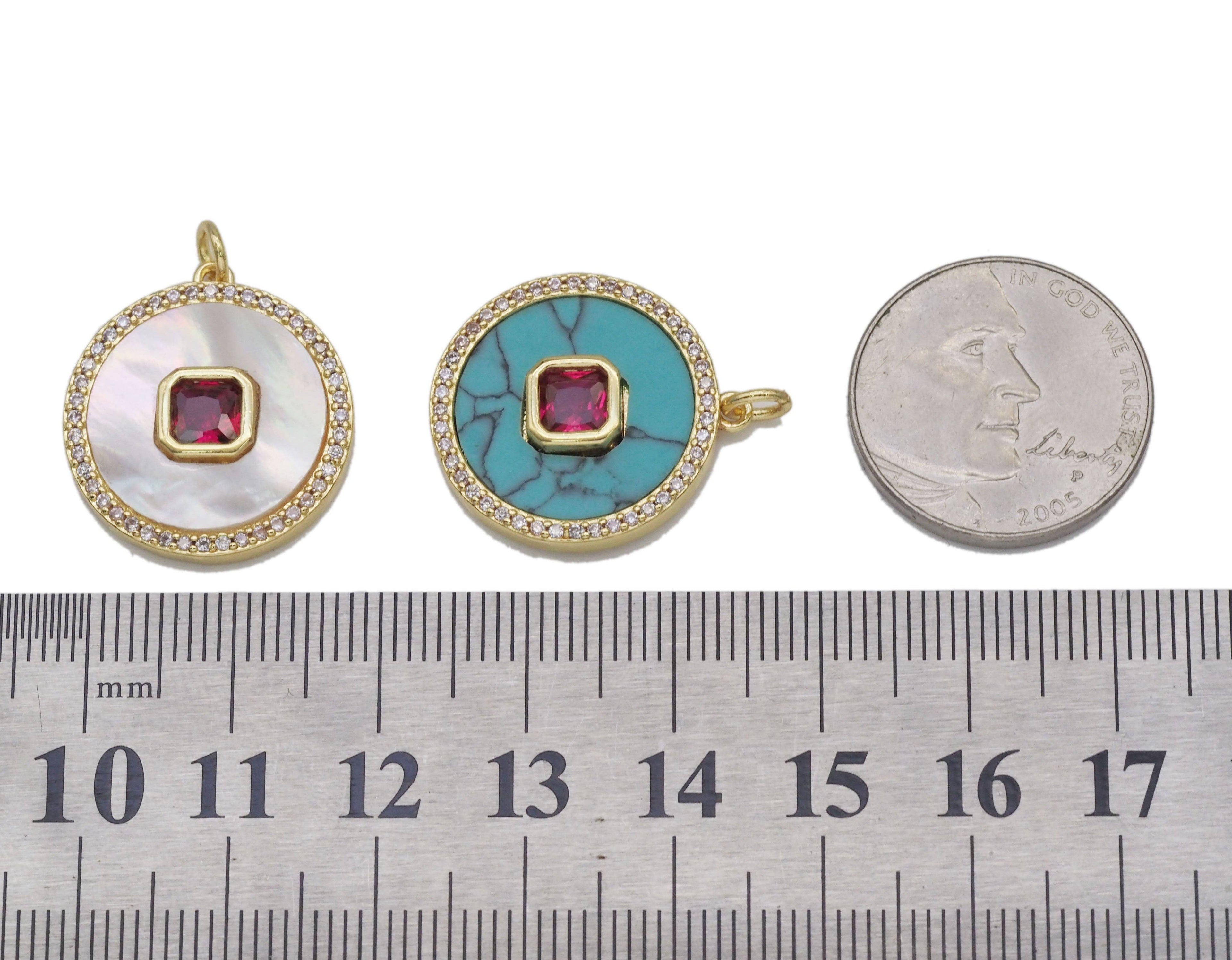 Gold CZ on MOP/Turquoise Round Charm, Sku#L692