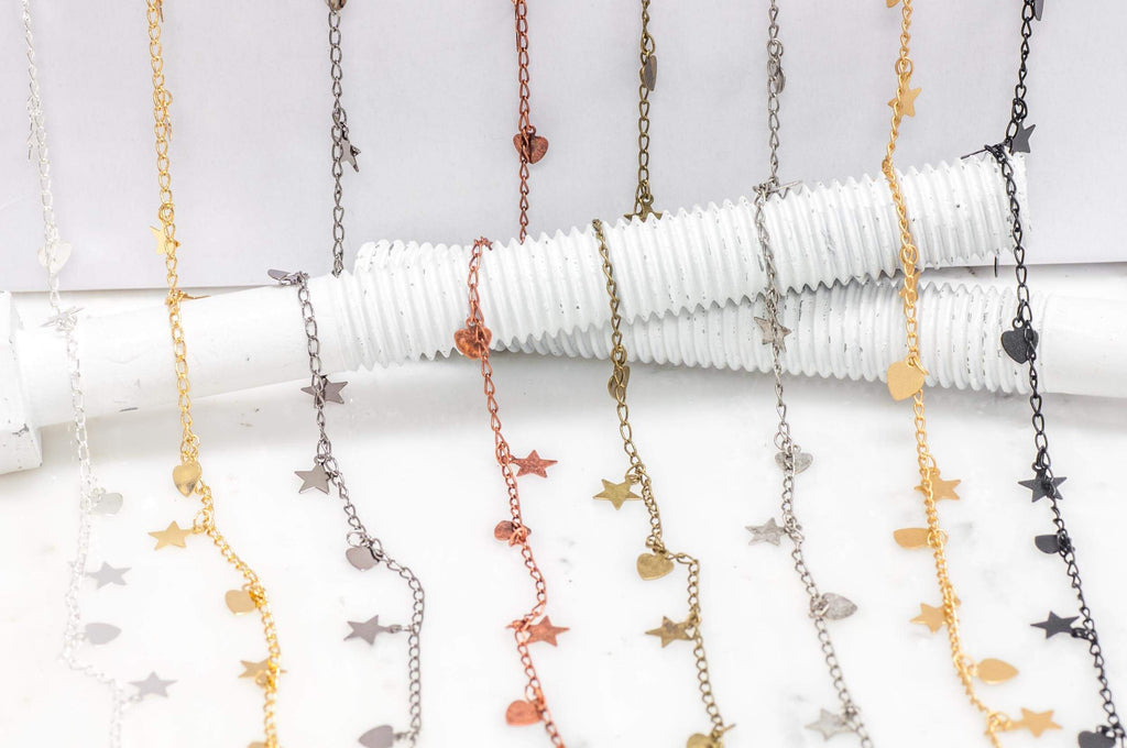 2mm x 4mm Curb Chain w/Dangling Stars & Hearts Specialty Chain Sold by The Foot - CH 907