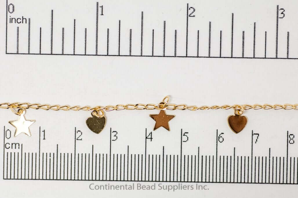 2mm x 4mm Curb Chain w/Dangling Stars & Hearts Specialty Chain Sold by The Foot - CH 907