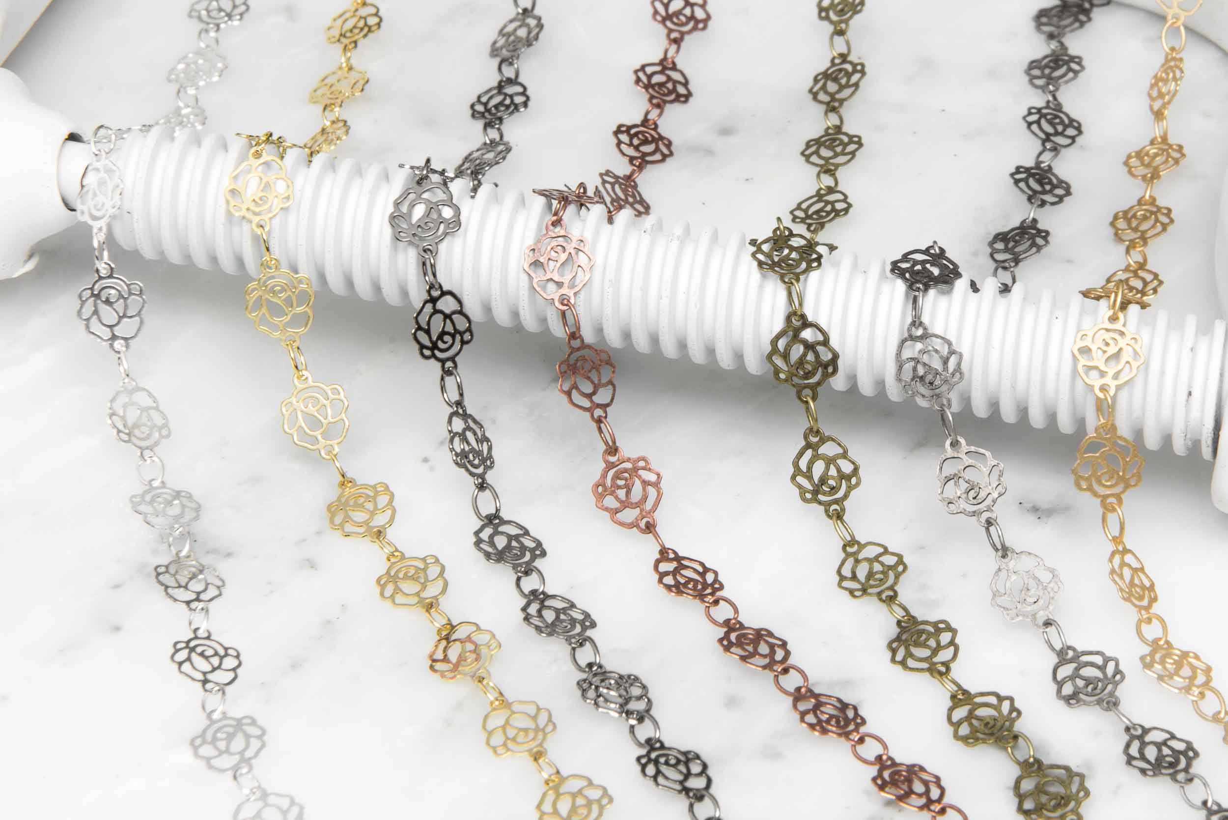 6.5mm Elegant Filigree Rose Chain - Made of Brass - Sold by the Foot - Ch-921