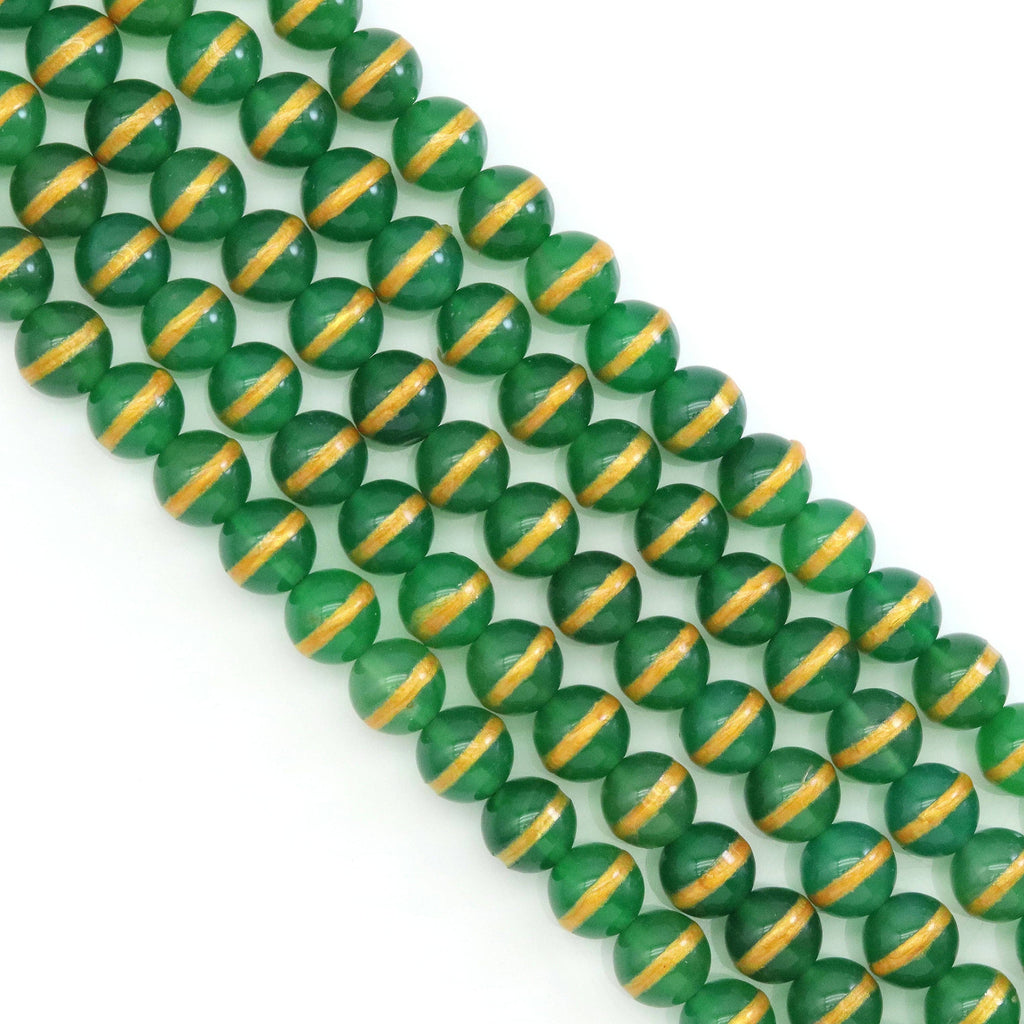 Green Agate Smooth Round Beads with Gold-Tone Stripe, 8–12mm