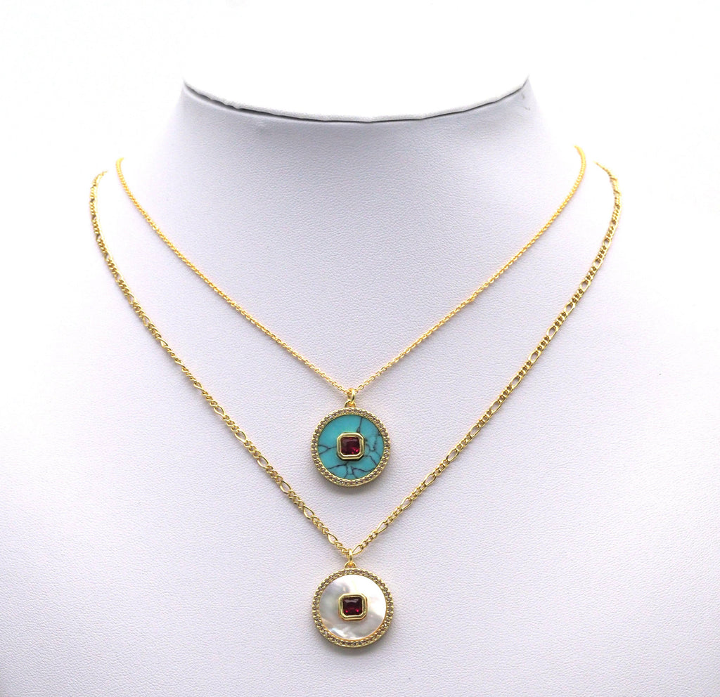 Gold CZ on MOP/Turquoise Round Charm, Sku#L692