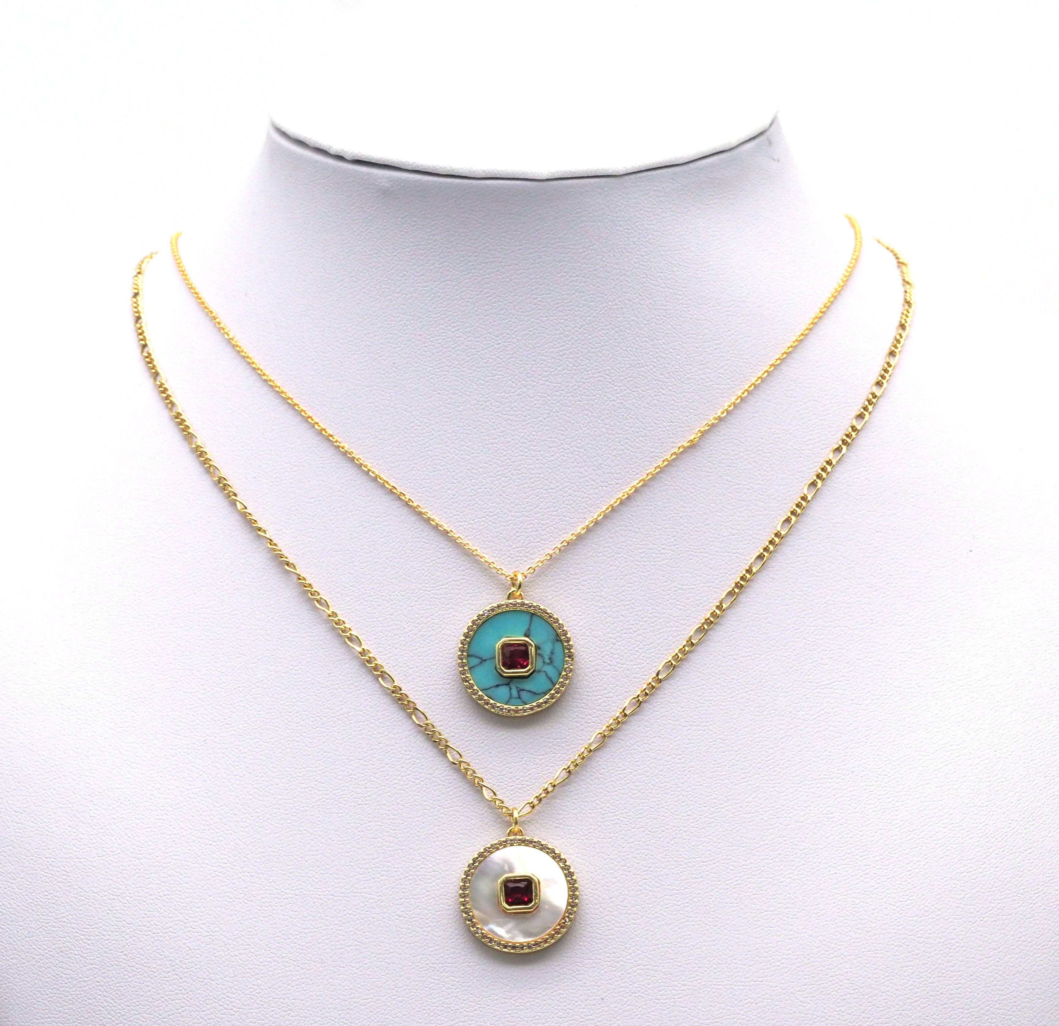 Gold CZ on MOP/Turquoise Round Charm, Sku#L692