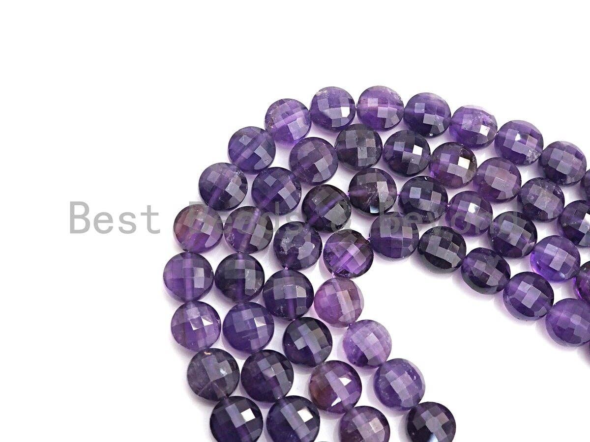 10mm Amethyst Checkerboard-Faceted Coin Beads, 16-Inch Strand