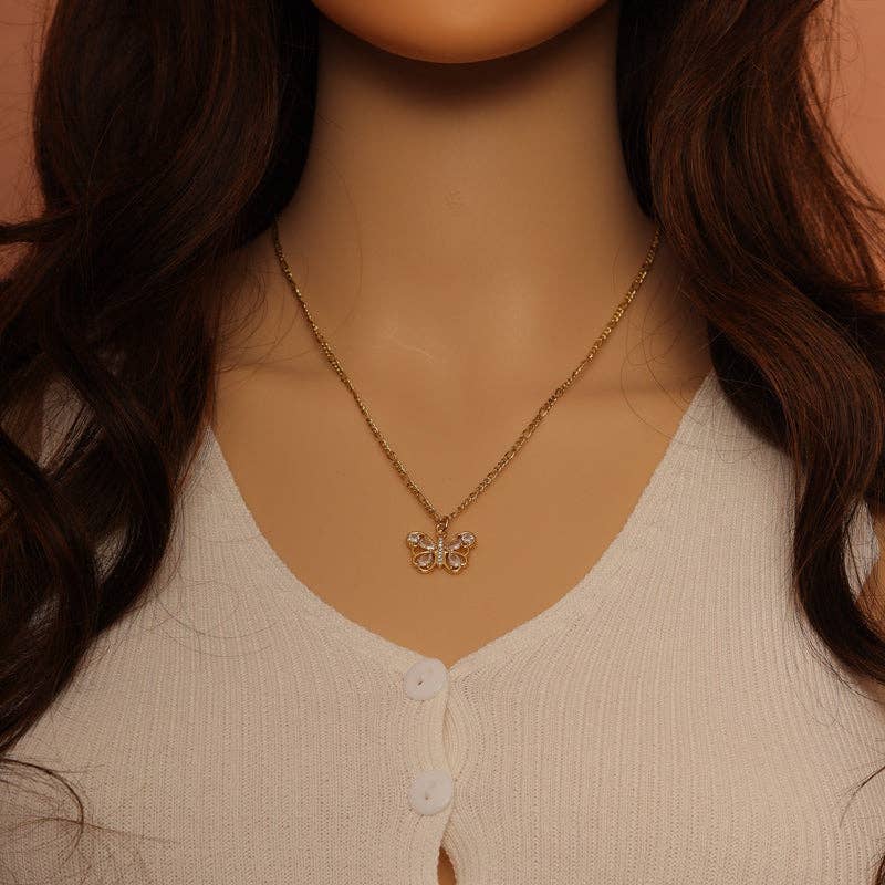 CZ Mother of Pearl Butterfly Charm - Gold/Silver/Rose Gold/Black Pendant