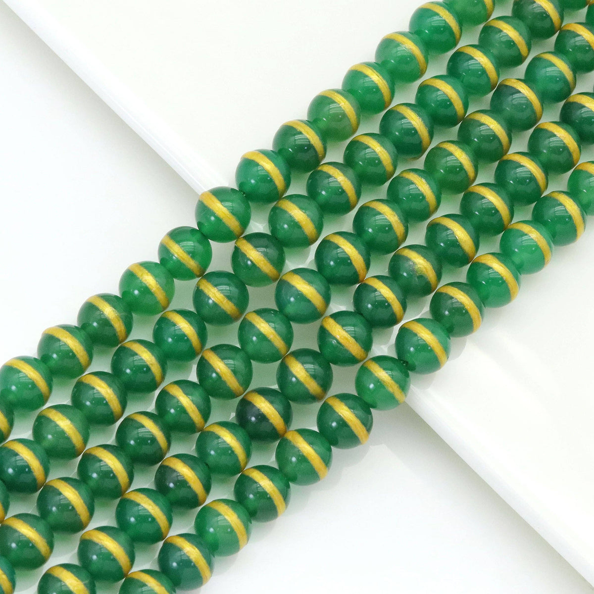 Green Agate Smooth Round Beads with Gold-Tone Stripe, 8–12mm