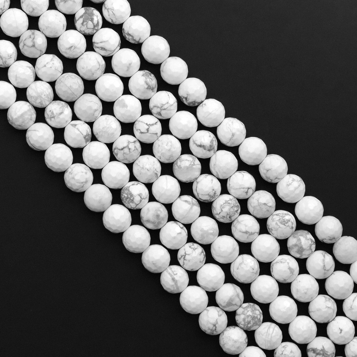 Howlite Faceted Round Bead Strand, 6mm–12mm, 15–16 Inches