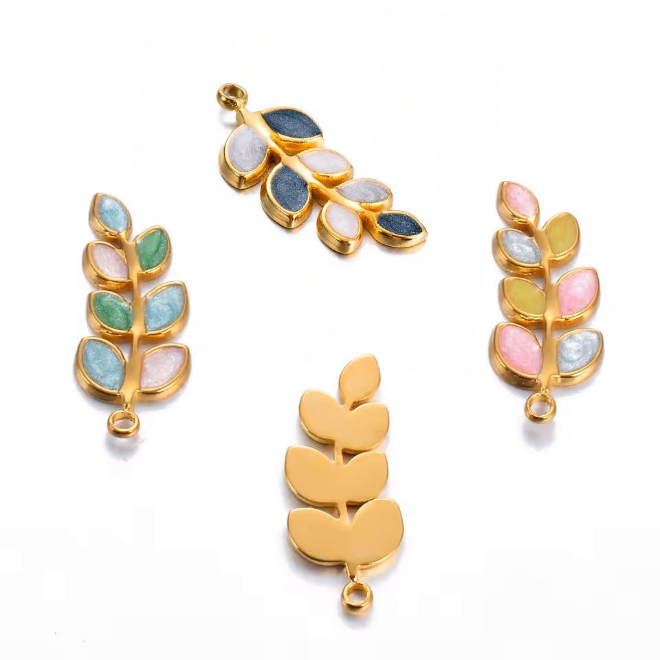 Leaf Charm Multi Color Pink Enamel No Tarnish Gold - Sold Per Piece