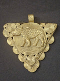 Triangular brass pendant with a raised leopard over a large spiral disc, smaller spiral details around the edges, and a top hanging loop