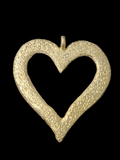 Brass Akoma pendant in an open heart shape with small circular surface patterns and a top hanging loop against a black background