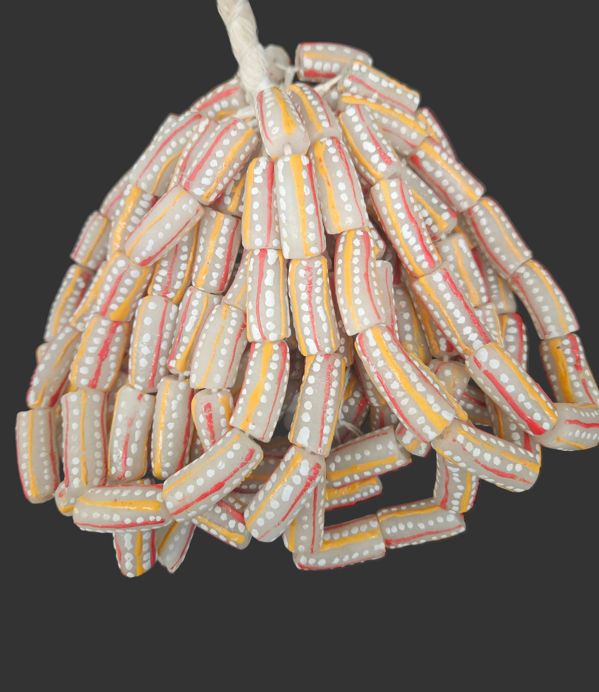 African Glass Beads – Painted Krobo Long Tubes, Gray & Coral Krobo Beads