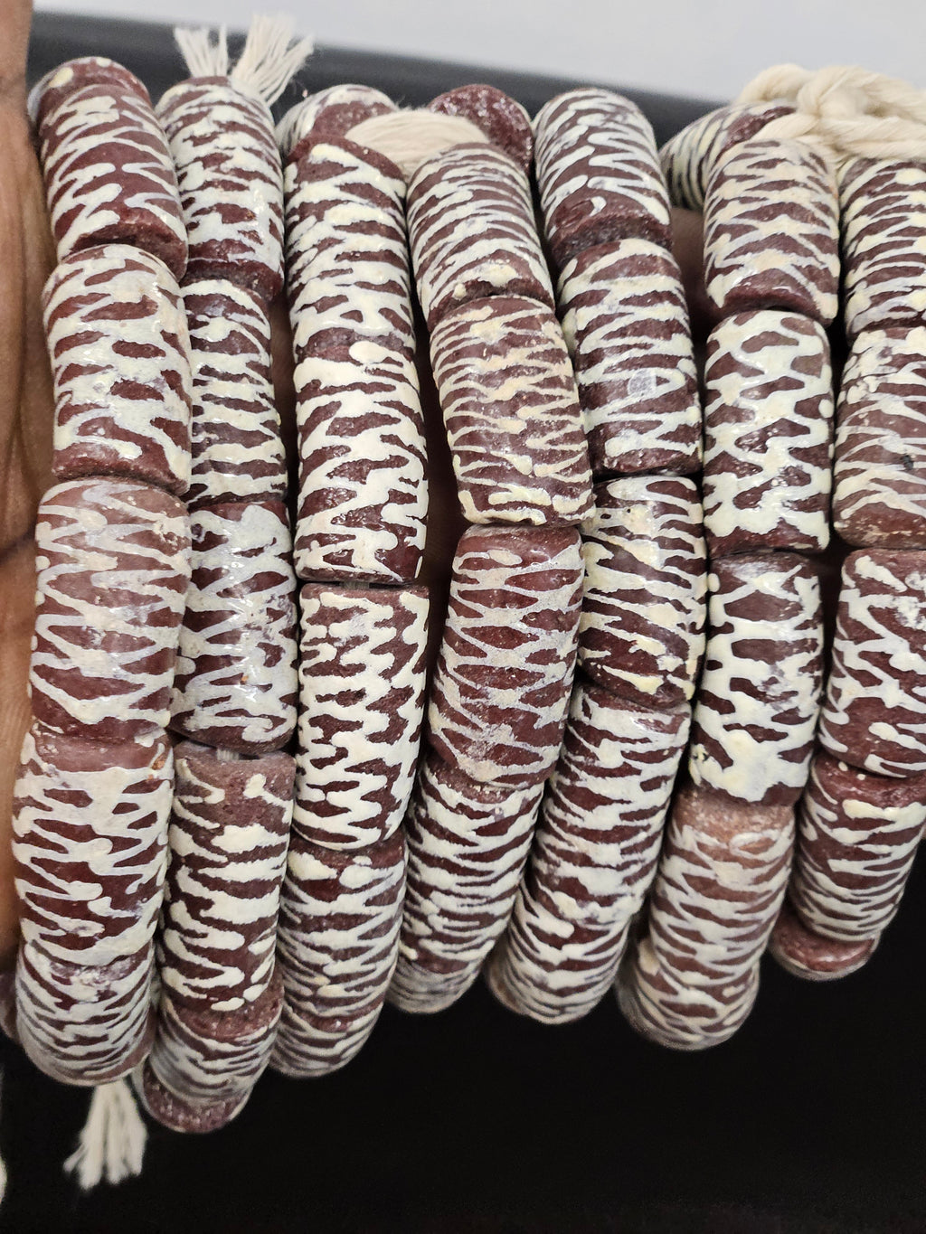 krobo painted recycled glass beads cream zigzag strand view