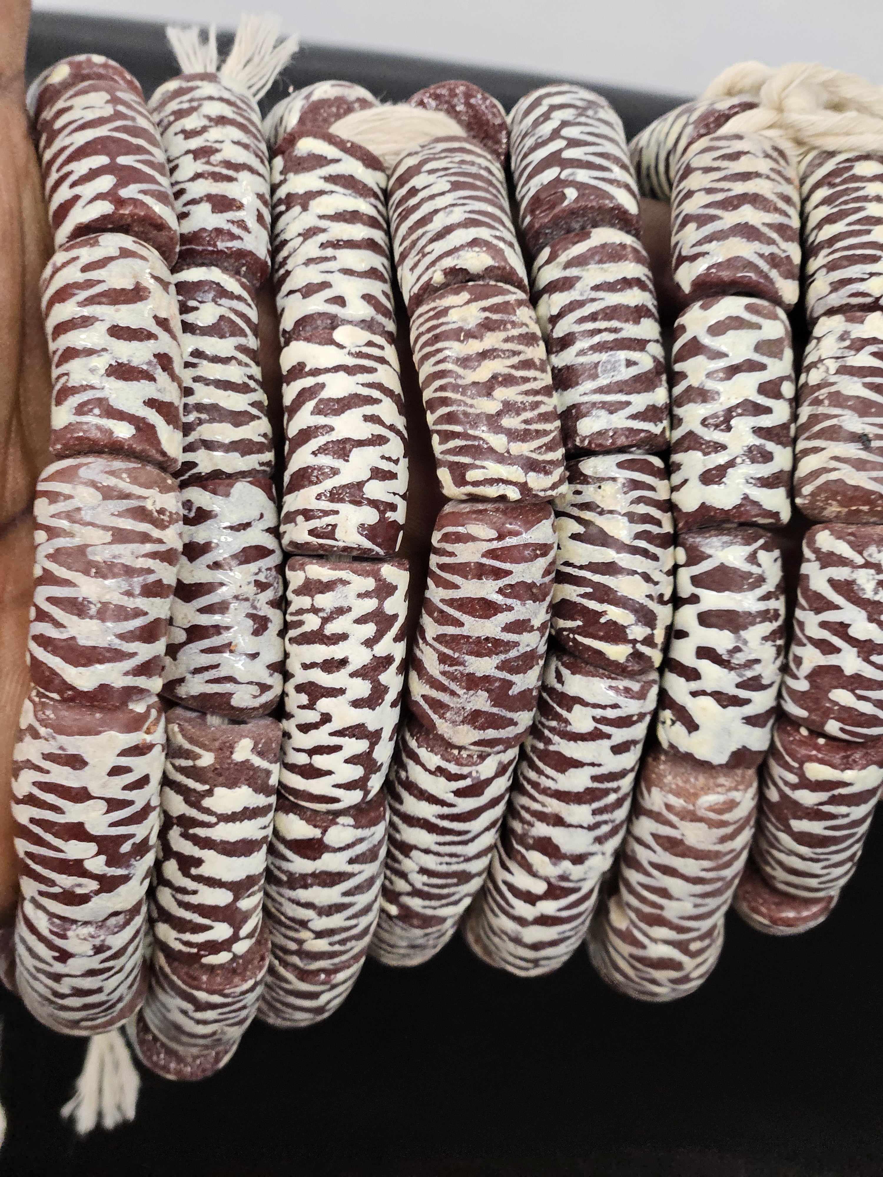 krobo painted recycled glass beads cream zigzag strand view