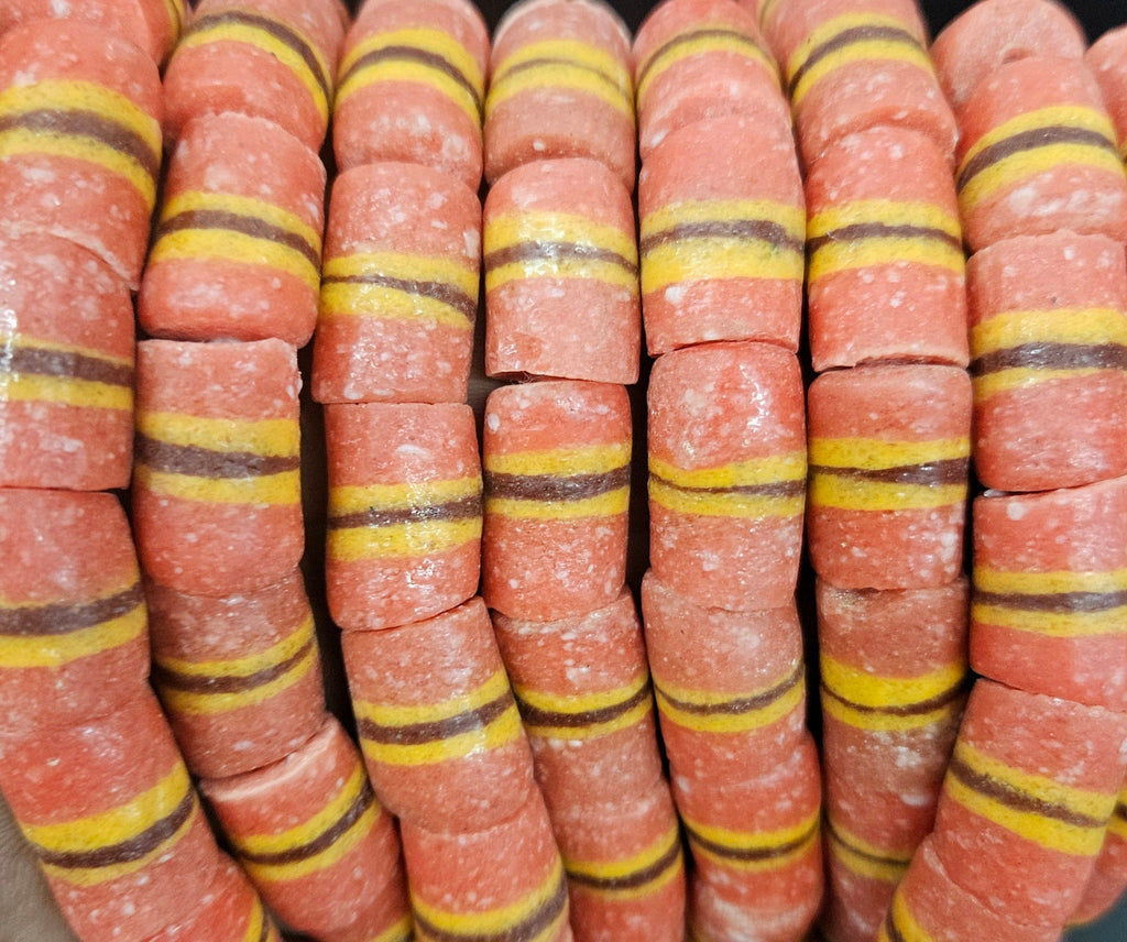 Orange Striped Krobo Kente Glass Beads | Handcrafted Powdered Glass Beads from Ghana | Approx. 17 Beads