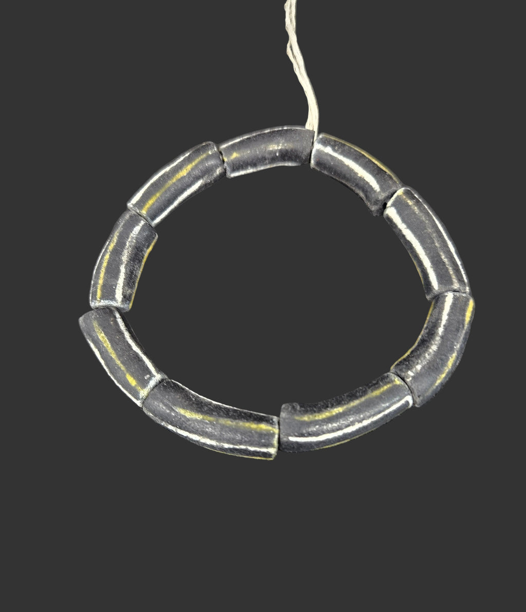 African Glass Beads – Painted Krobo Long Tubes, Black & Gold Beads